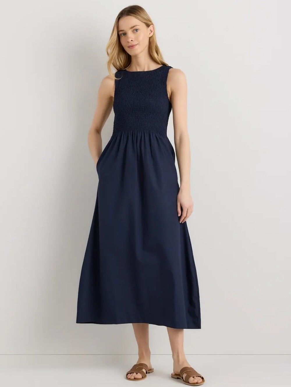 Quince Women's 100% Organic Cotton Poplin Boatneck Maxi Dress - Navy Blue